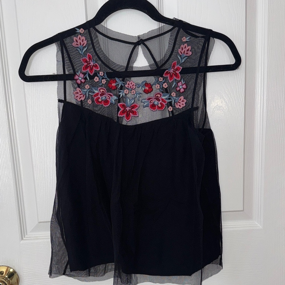 Hollister Black Sheer Top with Floral Embroidery